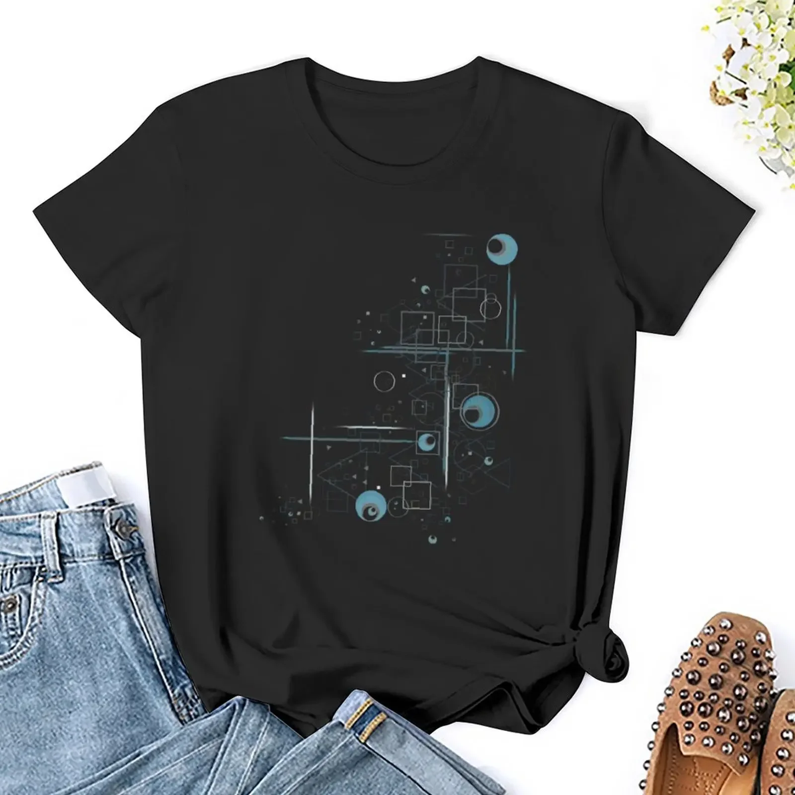 Retro Geometric Night T-Shirt shirts graphic tees plus sizes blacks Aesthetic clothing plain t shirts for Women