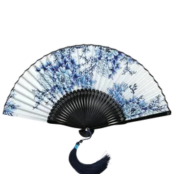 Summer Women Silk Dance Fan Classical Blue and White Porcelain Gift Hand Fan Abanicos Para Boda Chinese Hanfu Cosplay Fans