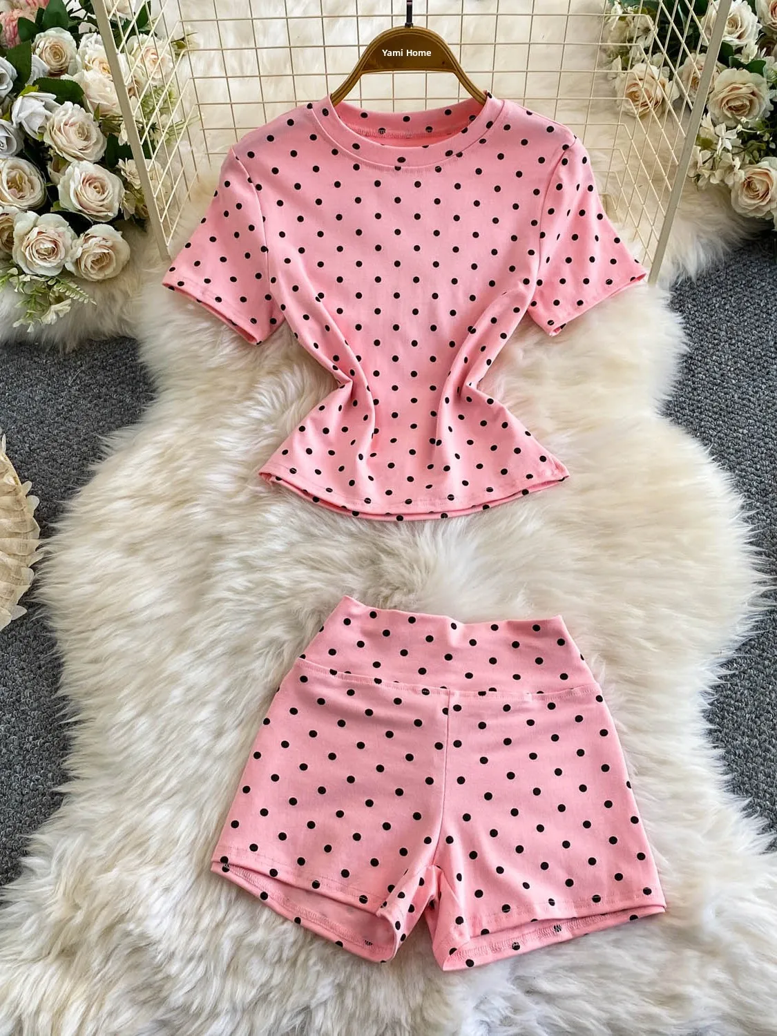 Korean Style Polka Dot Knitted Short Sleeve T-Shirt High Waist Fitness Pants Women's Fashion Set Slimming Peach Pants Two Pie...
