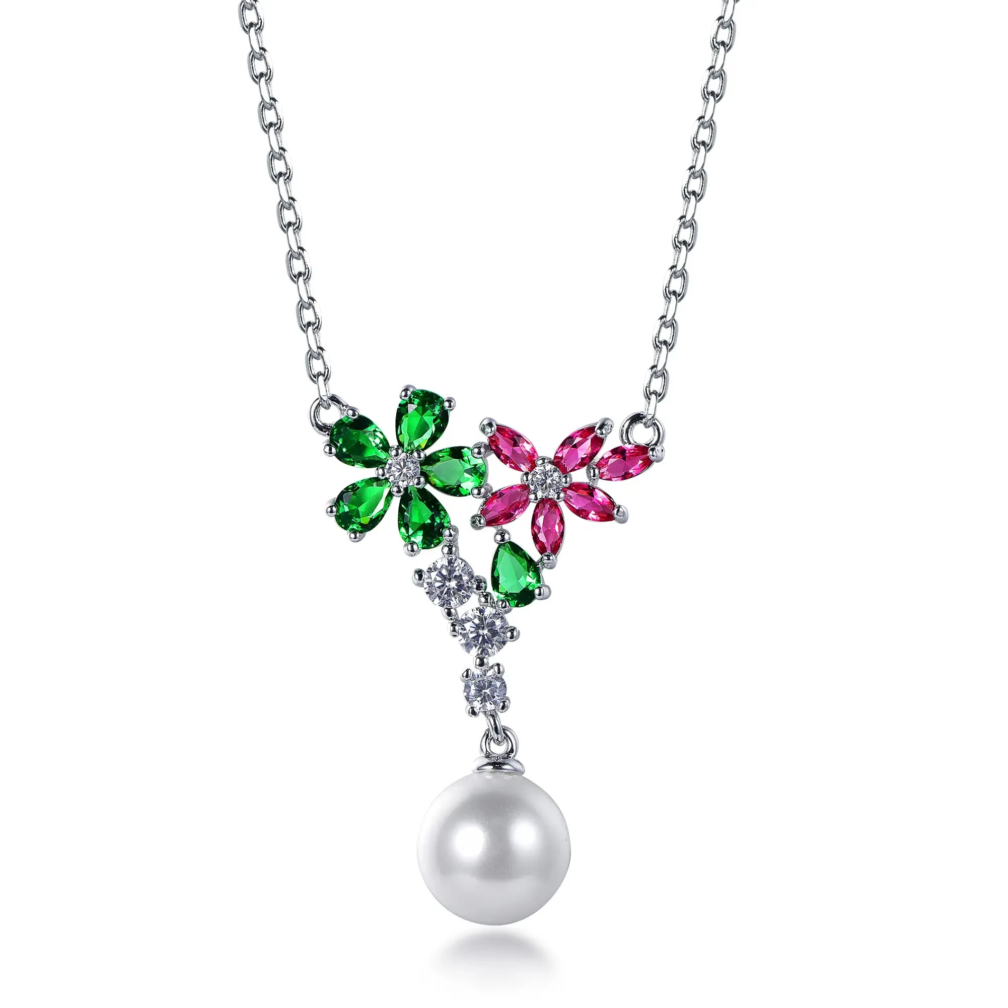 

TKJ 925 Sterling Silver Pendant Necklace Chain for Women Luxury Sparkling Cubic Zirconia Flowers Imitation Pearl Charms Jewelry