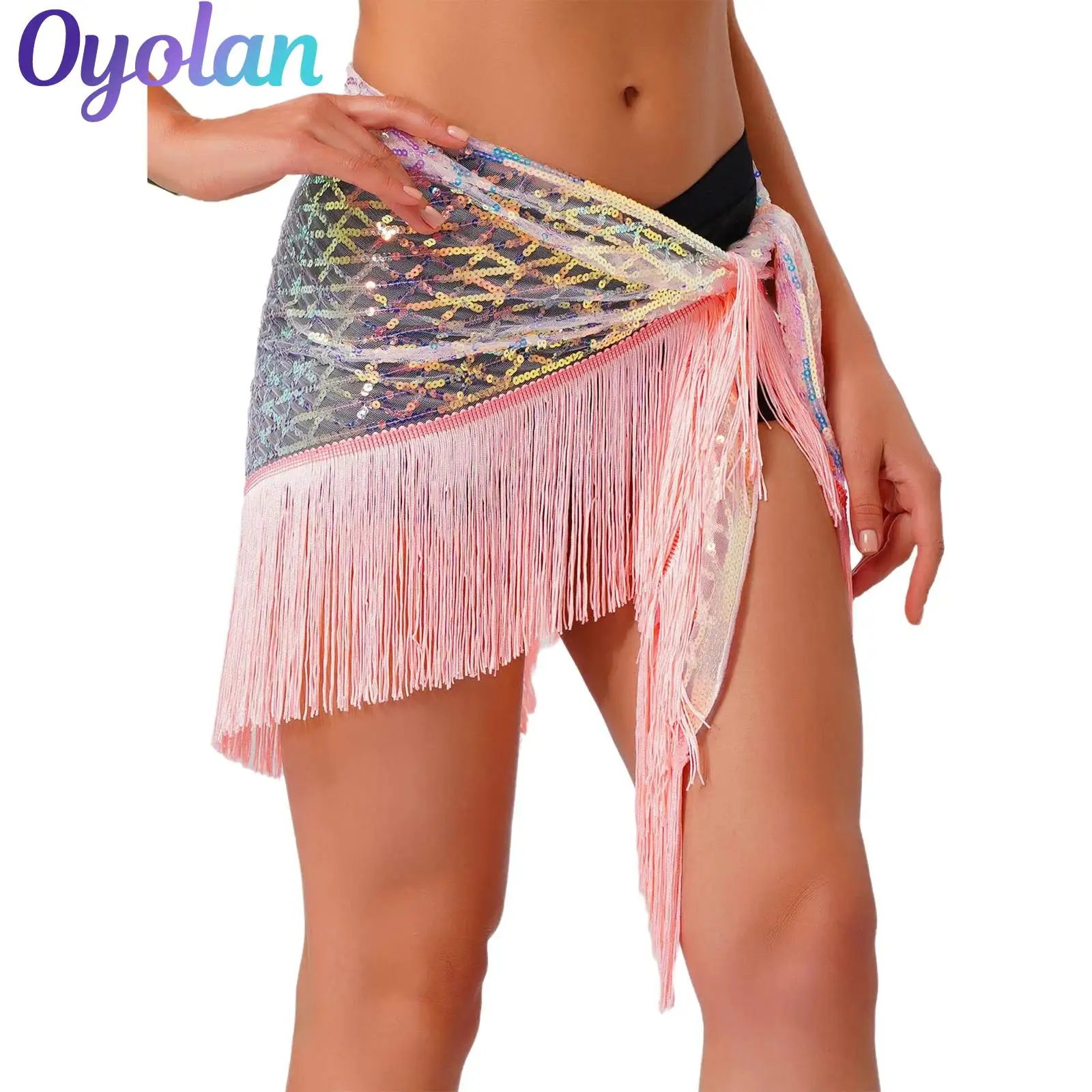 

Womens Latin Flamenco Spanish Belly Dance Skirt Hip Scarf Glittery Sequin Mesh Tassel Fringe Triangle Lace-up Skirt Waist Chain