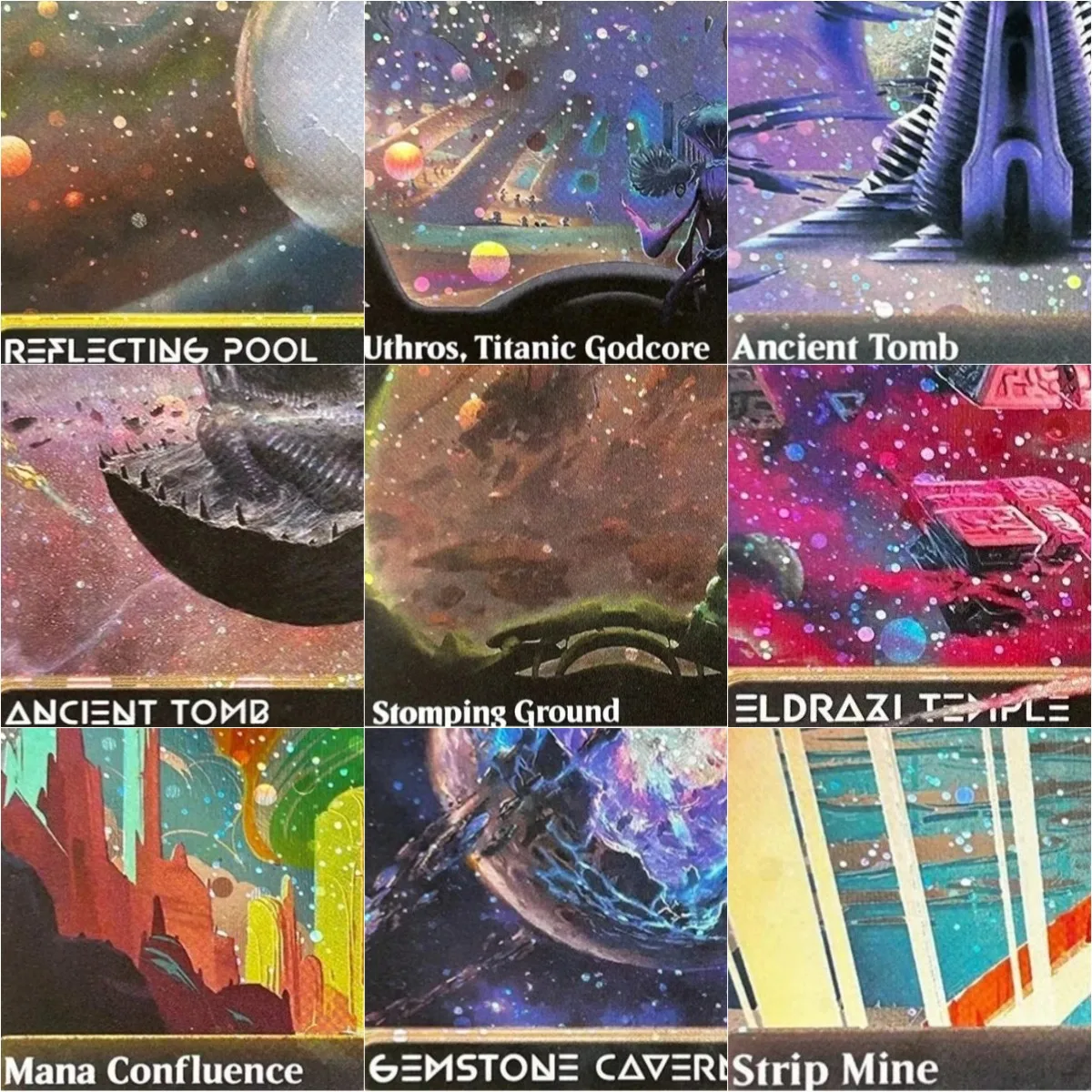 

GalaxyFoil "Evendo,Waking Haven/Ancient Tomb/Gemstone Caverns" Magical Proxy Top Quality Playing Cards Board Game Trading Cards