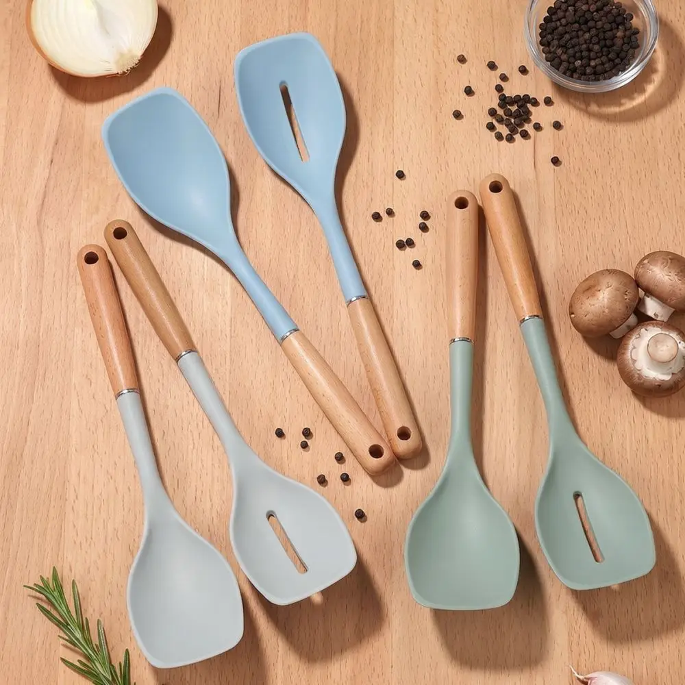 Silicone Utensil Set Wooden Handle Heat Resistant Nonstick Cooking Tools Modern Kitchen Spatula Spoon Accessory Kit
