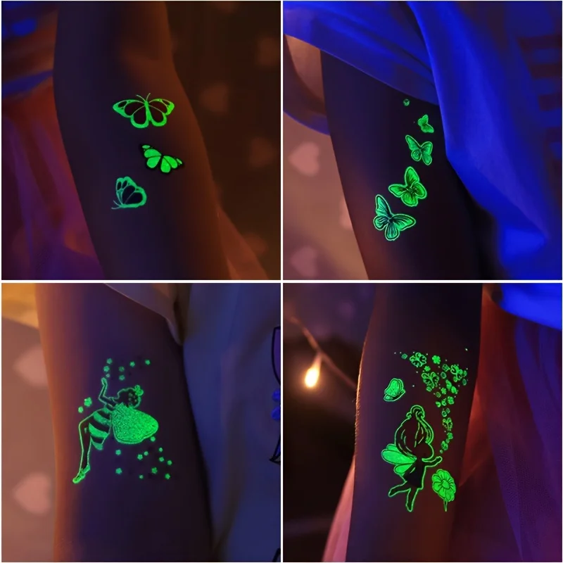 14 vibrant Glow-in-the-Dark papillon tatouages temporaires-coloré corps Art autocollants, parfait pour les faveurs de fête d'anniversaire, musique