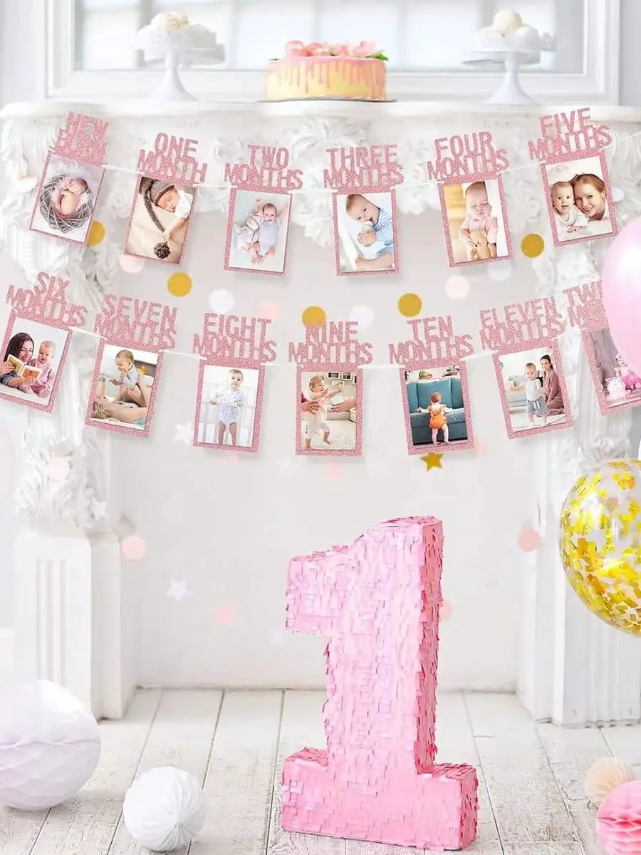 1set-1st Birthday Baby Photo Banner for Newborn to 12 Months, Monthly Milestone Photograph Bunting Garland, First Birthday Cele