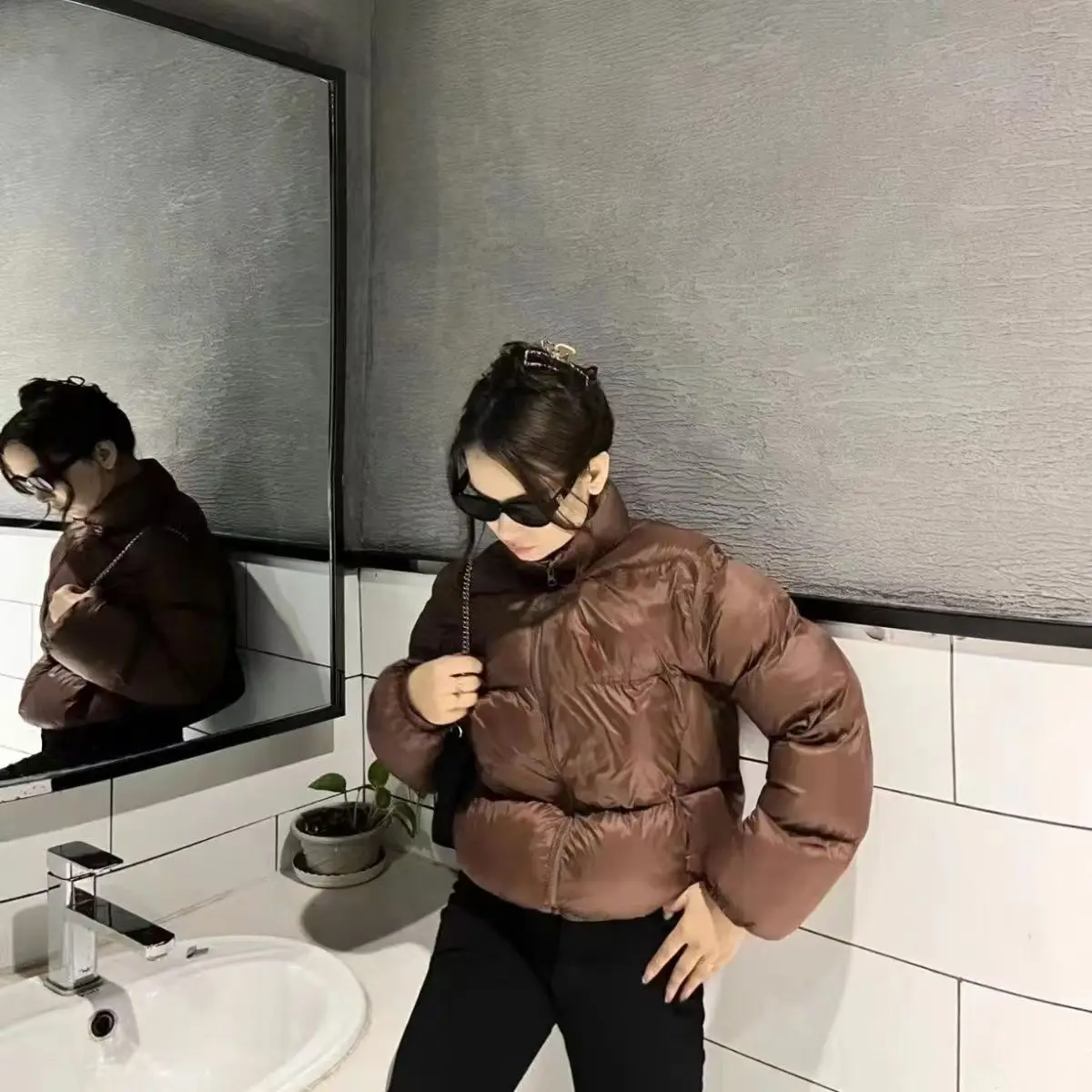 

Женские зимние парки-пуховики для невысоких, с флисовой текстурой, воротником из искусственной ткани, дышащей подкладкой, на молнии, с леопардовым плюшем, уютные, GF