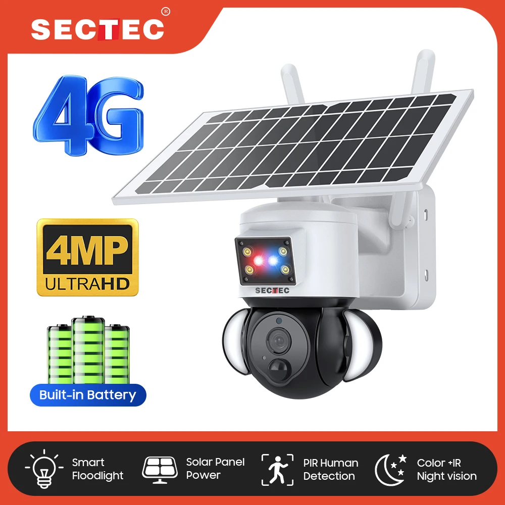 

SECTEC 4MP Outdoor Monitoring Solar Power IP Camera HD 4G Low Power Solar Camera PTZ Night Vision Two Way Audio Solar Panel