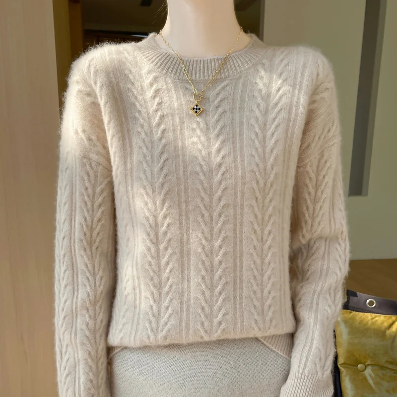 

Bestselling Women 100% Merino Wool Crew Neck Classic Jacquard Sweater Simple Classic Pullover Casual Autumn Winter Cashmere Top