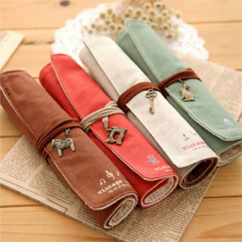 12 Holes Pencil Case Roller Pen Bag Large Capacity Roll Up Pen Bag Retro Style Cosmetics Bag Roll Pencil Bag School Supplies