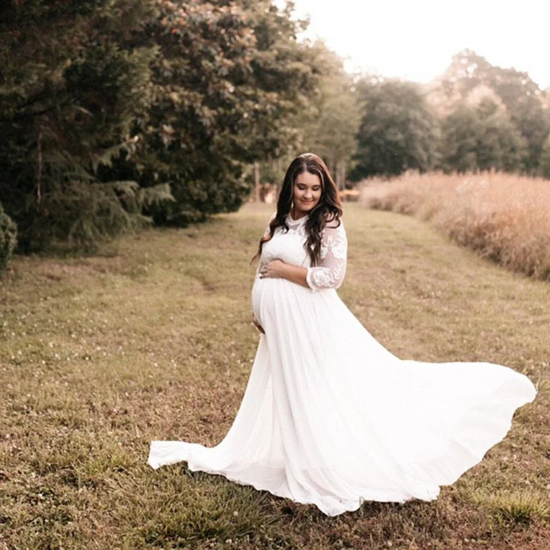 Vestidos de fotografía de maternidad Sexy para mujeres embarazadas, vestido de encaje elegante para Sesión de embarazo, maxivestido de maternidad largo, utilería para fotos