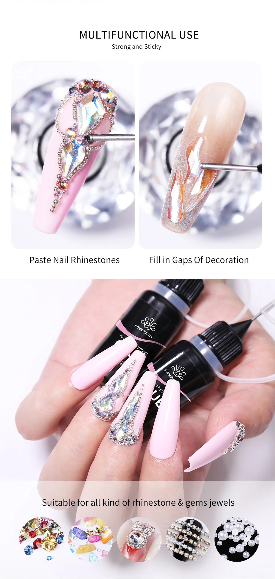 BORN PRETTY Nagelrhinestone-Klebegel Nagellack Nagelschmuck-Kleber für Nagelcharms 3D-Nageldekoration UV-LED-härtend 1/2/3 Stück erforderlich – Detail 4