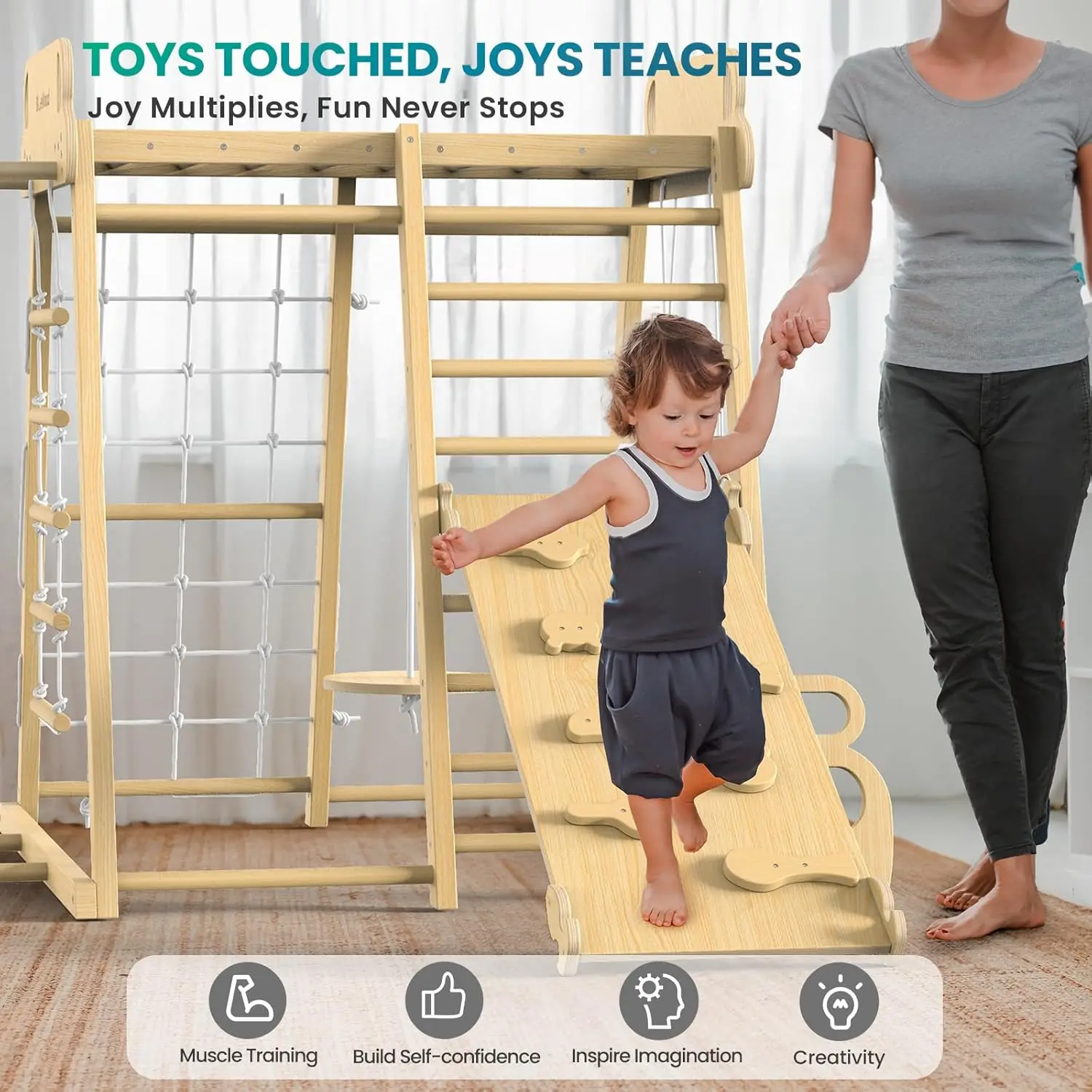 Giocattoli da arrampicata per bambini per parco giochi 9 in 1 per palestra nella giungla interna aggiornata, set da gioco scalatore in legno stile Philosophy Waldorf Montessori con