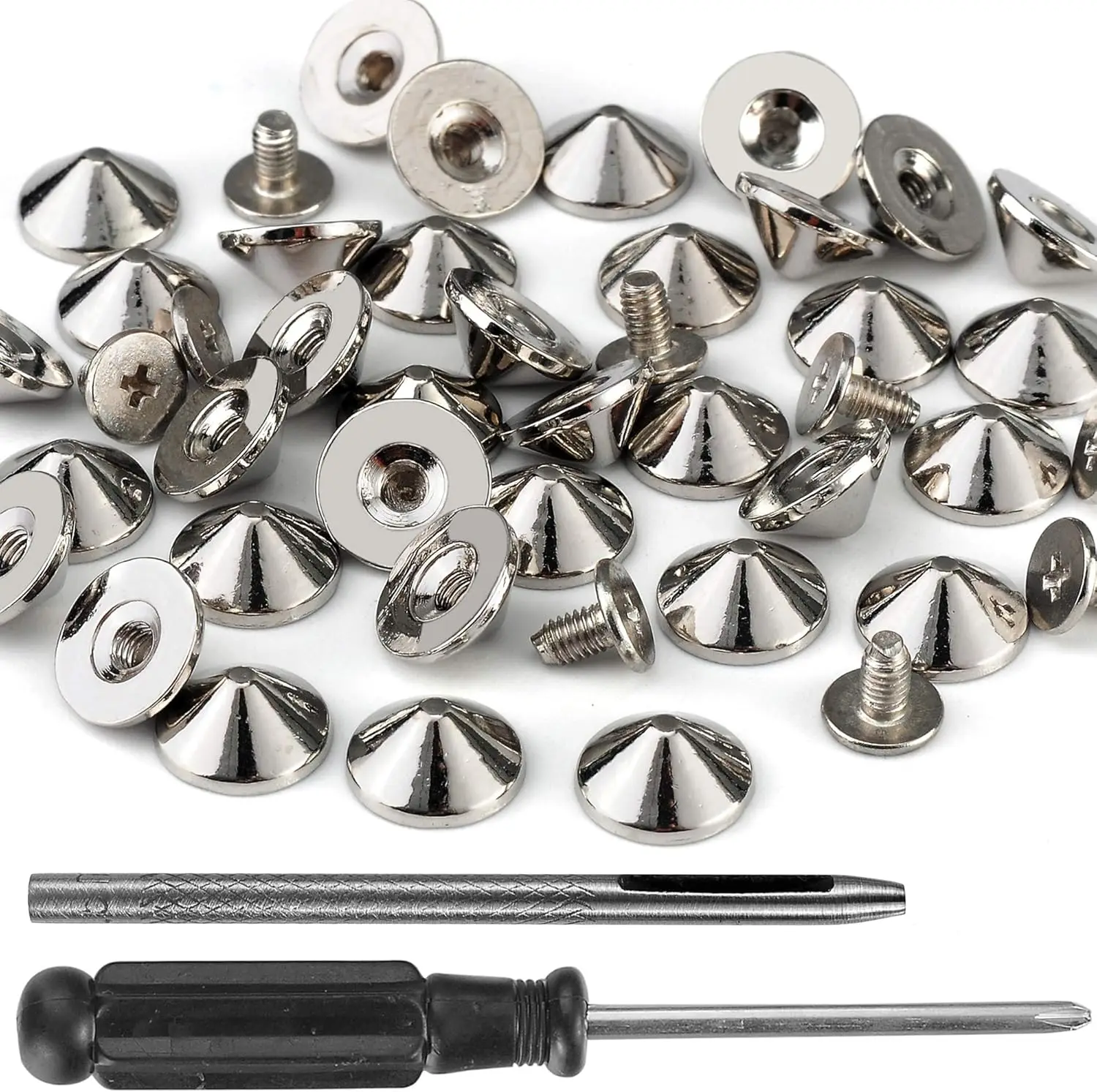 100 Sets Cone Spikes and Studs 4.7MM Height Silver Color 3/16