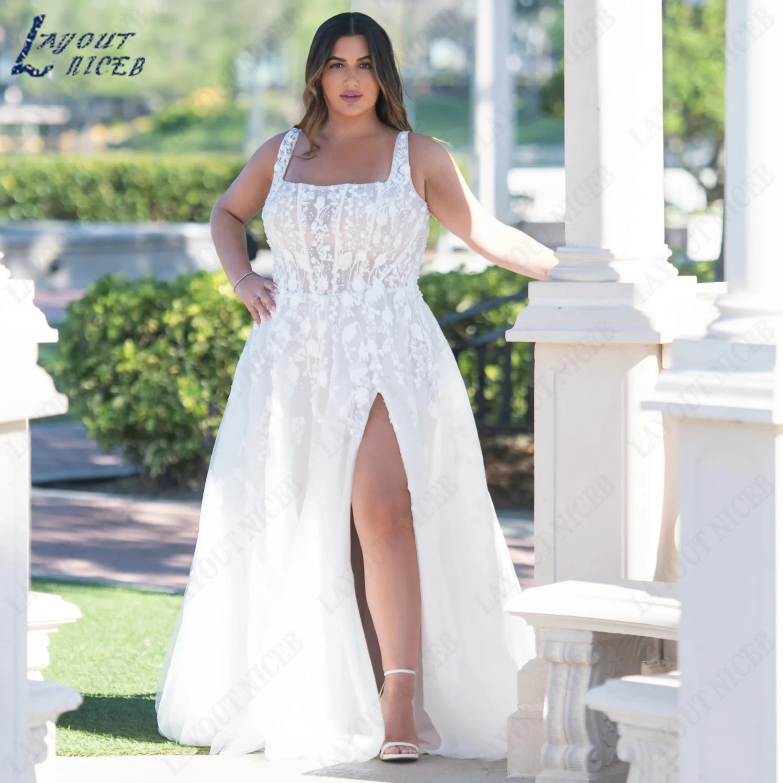 LAYOUT NICEB Customized With Slit A‑Line Wedding Dress Tulle Applique Bridal Dresses Square Neck Plus Size Bride Dress Pearl