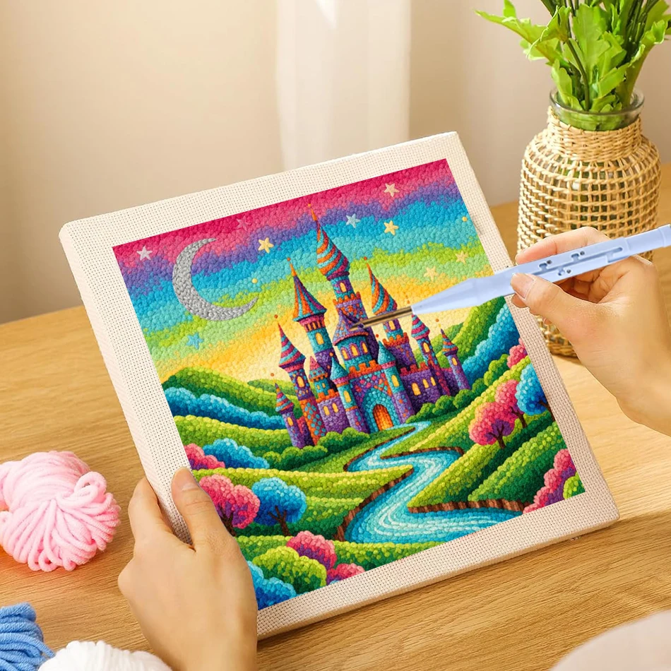 Kits de bordado con aguja mágica de 25x25cm para principiantes adultos, set de ganchillo para alfombras con paisaje de castillo de hadas, costura de punto de cruz DIY