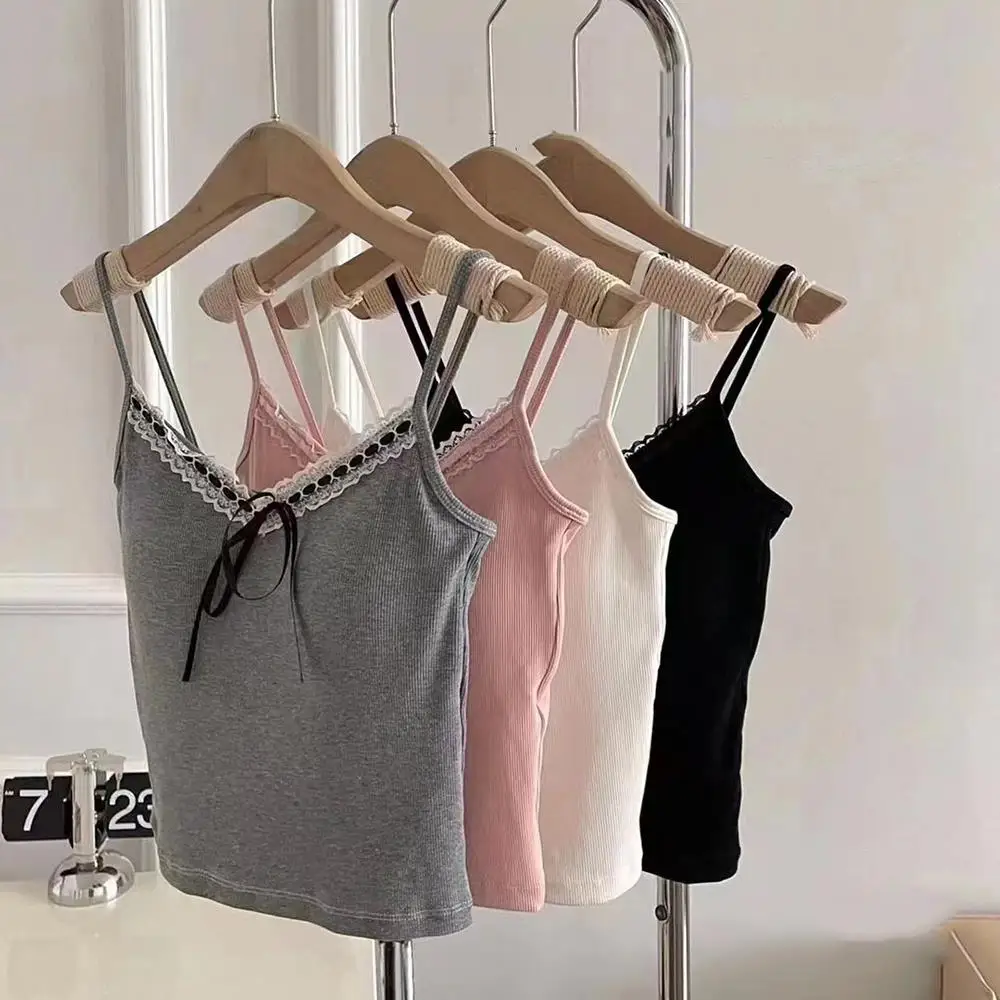 ผู้หญิง V คอ Camisole Lace Patchwork เสื้อกั๊กหวาน Trim เสื้อกั๊กสั้นสไตล์สลิงเสื้อกั๊กเซ็กซี่ TOP Camisole หน้าอกเบาะ