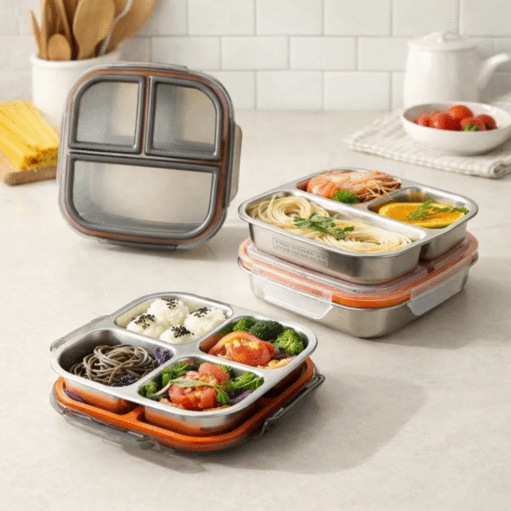 3/ 4 Grids Stainless Steel Lunch Box Leak Proof Reusable Food Container Sealed 600ml Capacity Student Meal Plate Child JJ3212JD