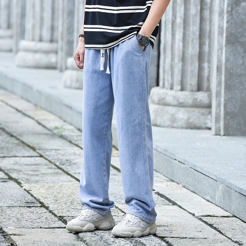 

Extra Long Denim Pants for Tall Men Baggy Straight Leg Jeans Elastic Drawstring Waist Loose Fit Ropa Hombre Black Blue 2025