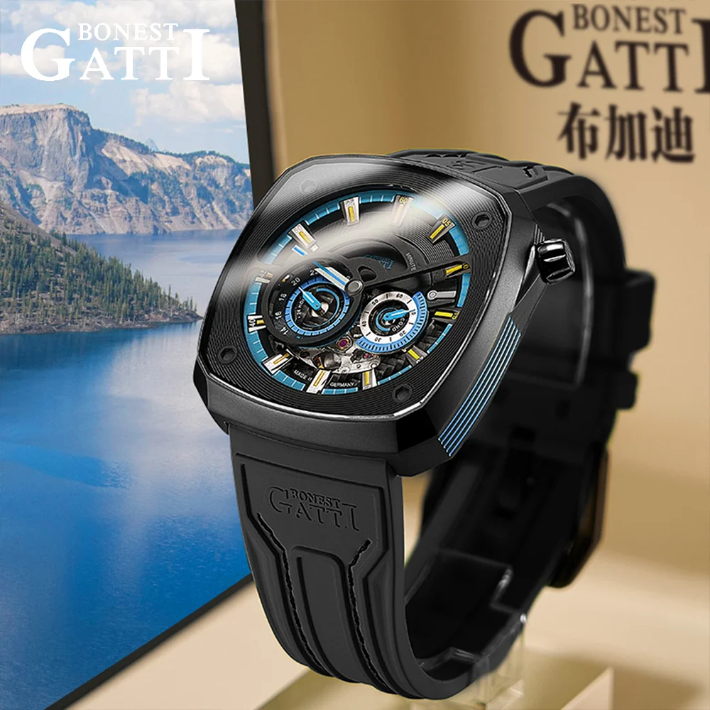 

BONEST GATTI Men's Square Racing Chronometer Automatic Mechanical Watch Sapphire Luminous Fluororubber Strap 5ATM Germany Craft