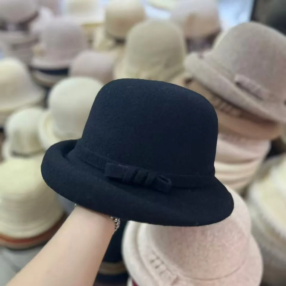 New Arrival Women's Autumn/Winter Bow Fisherman's Hat Wool Tweed Bucket Hat British Vintage Felt Ceremonial Hat