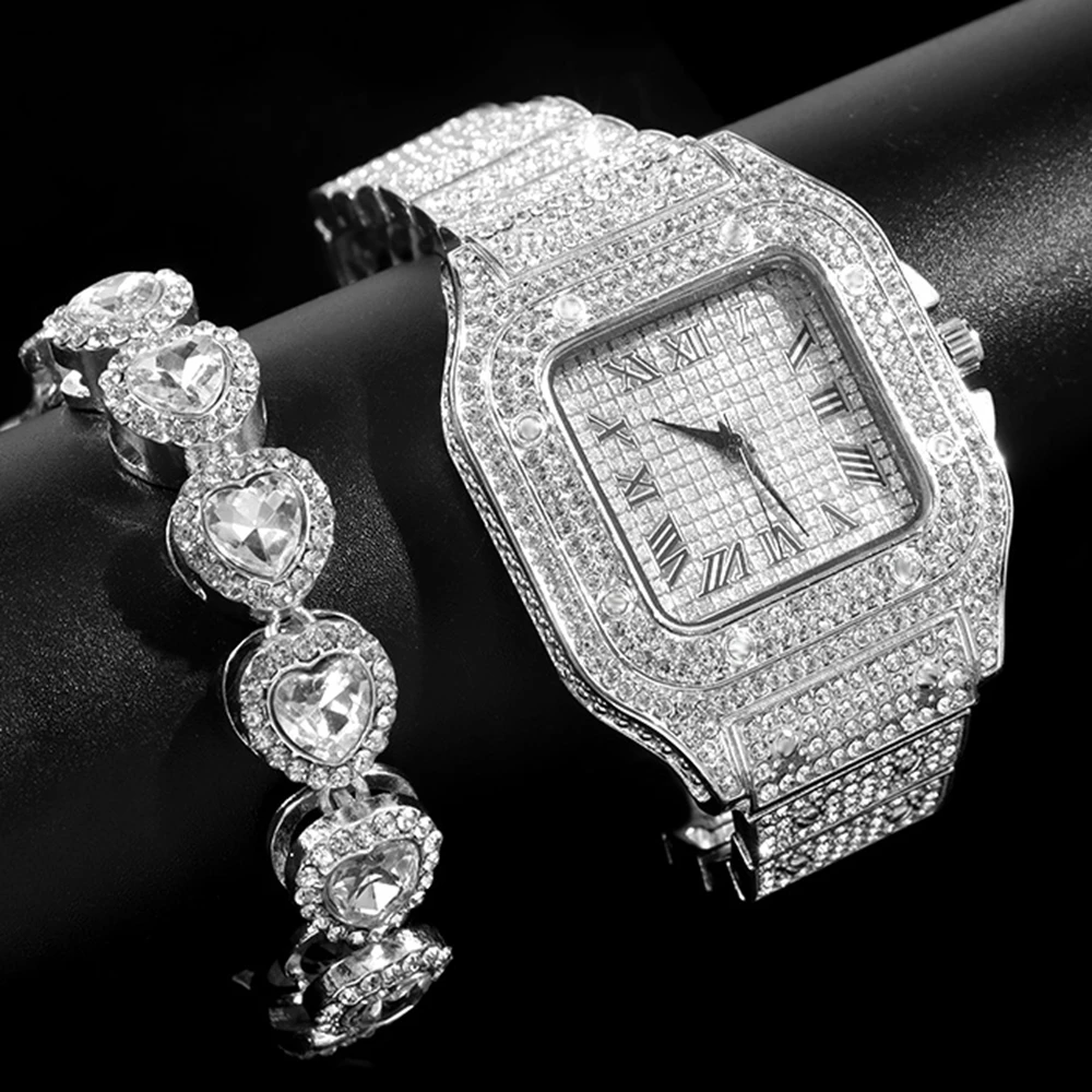 Men Women Iced Out Roman Quartz Watches Full Rhinestone Paved Watch+Bracelet Set Heart Tennis Bracelet Hip Hop Jewelry Gifts