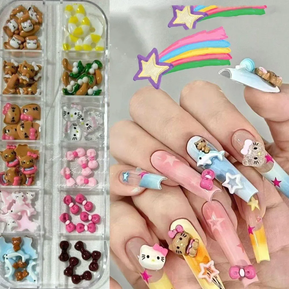 12 grilles dessin animé bronzage Kitty breloques pour ongles 3D peau noire hawaïenne HelloKitty décorations pour ongles y2k arc Hello Kitty strass pour ongles