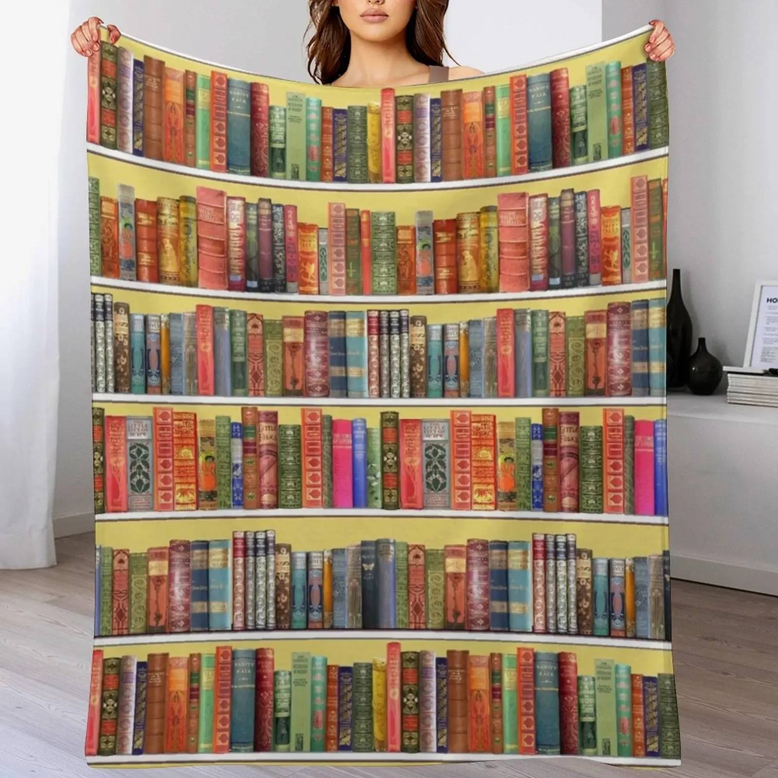 

Christmas books, christmas library,Vintage Bookshelf on yellow Throw Blanket Flannel Picnic Blankets