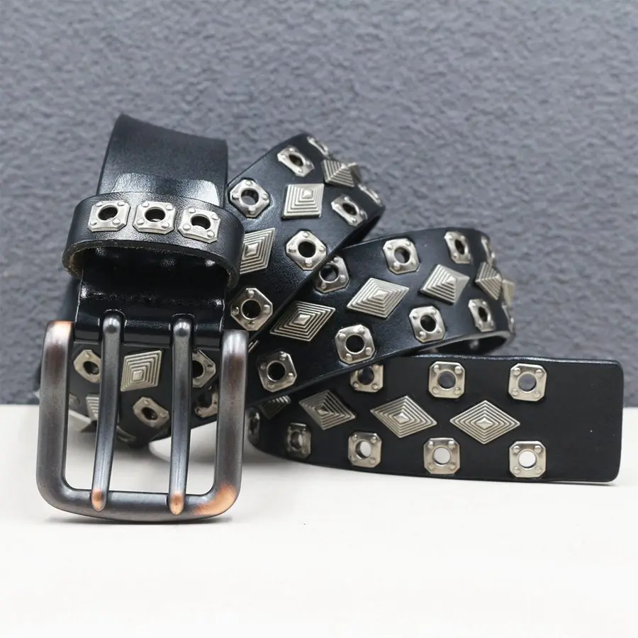 Rivet Belt Genuine Leather Double Pin Buckle Belt Classic Hollowed Out Strap Jeans Cowhide Men Waistband Width:3.8cm