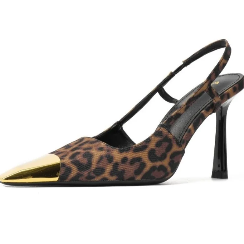 

Designer Metal Toe Women Sandals Sexy Leopard Print Slingbacks Sandal Pointed Toe Thin High Heeled Sandals Party Dress Sandalias
