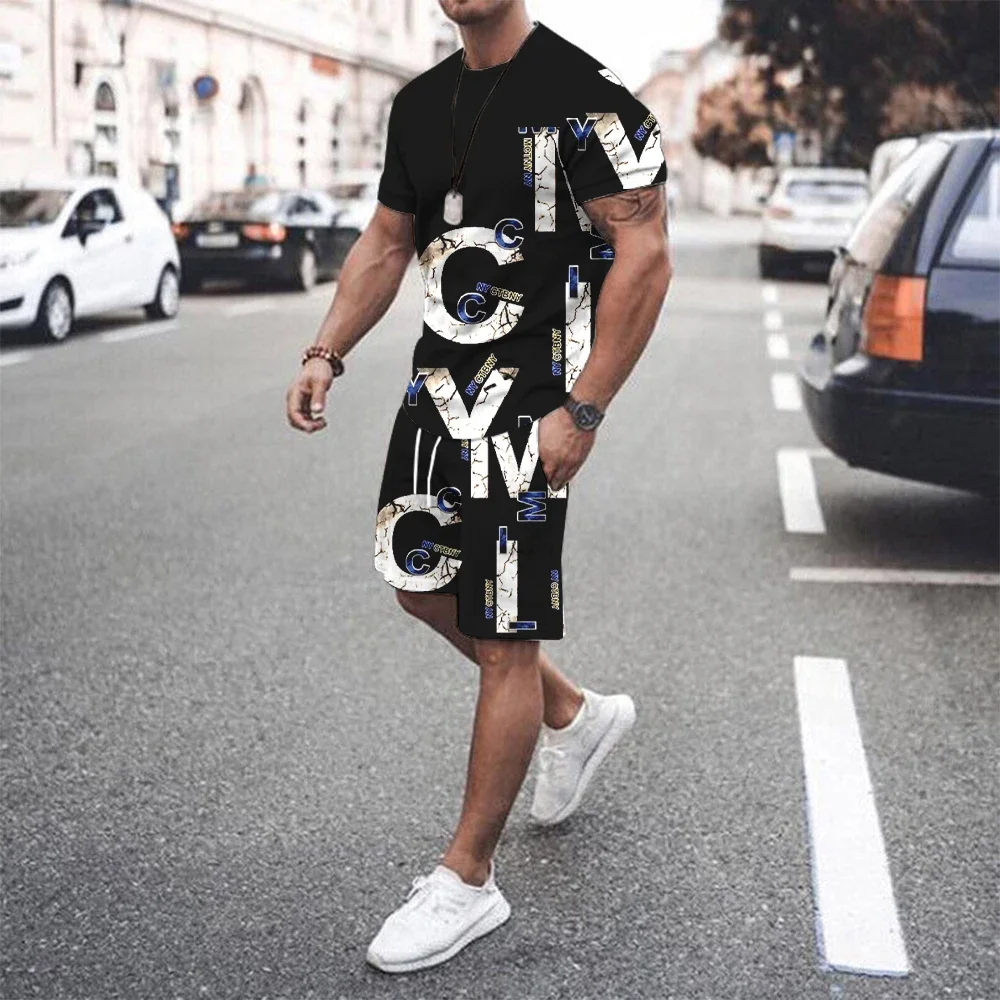

Men's plus-size crew neck T-shirt and shorts, 3D set, comfortable and breathable,stylish casual streetwear, beach vacation wear.