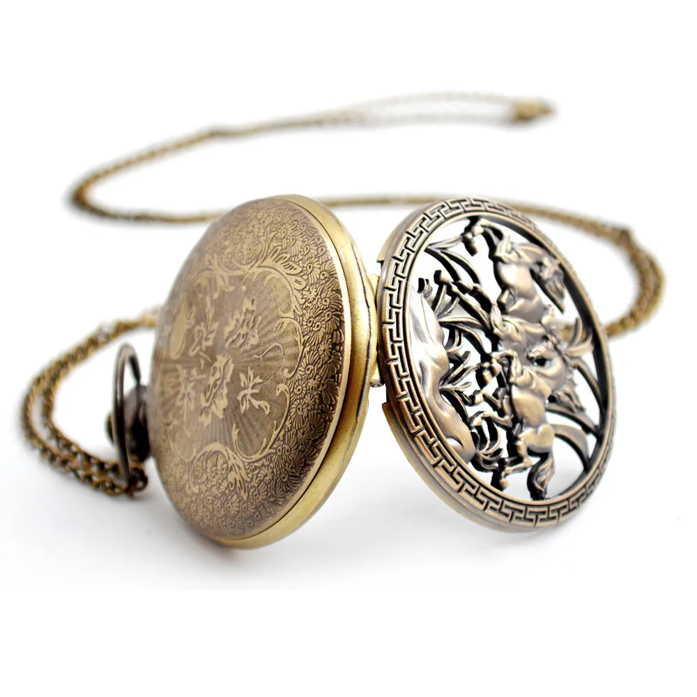 ساعة جيب ميكانيكية مع سلسلة للرجال ، ساعة فوب مجوهرات كلاسيكية فاخرة ، هيكل عظمي لحصان ستيمبانك ، هدية