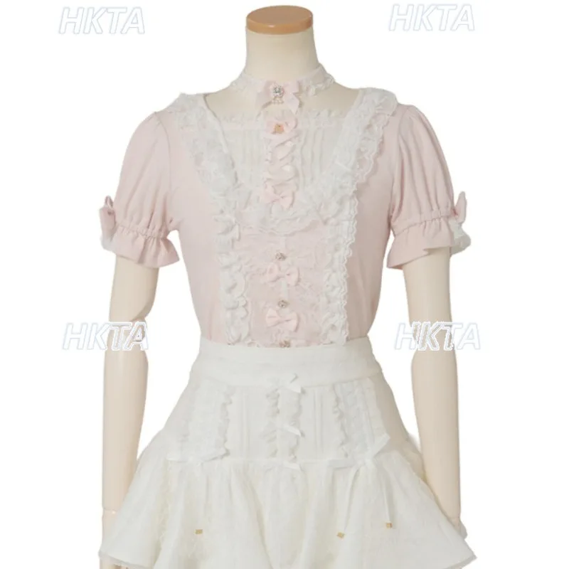 Japanese Cute Girl Lolita Lace Bubble Short Sleeve T-shirt Top Women Summer New Lace Ruffle Bow Color Matching Collar Tshirts