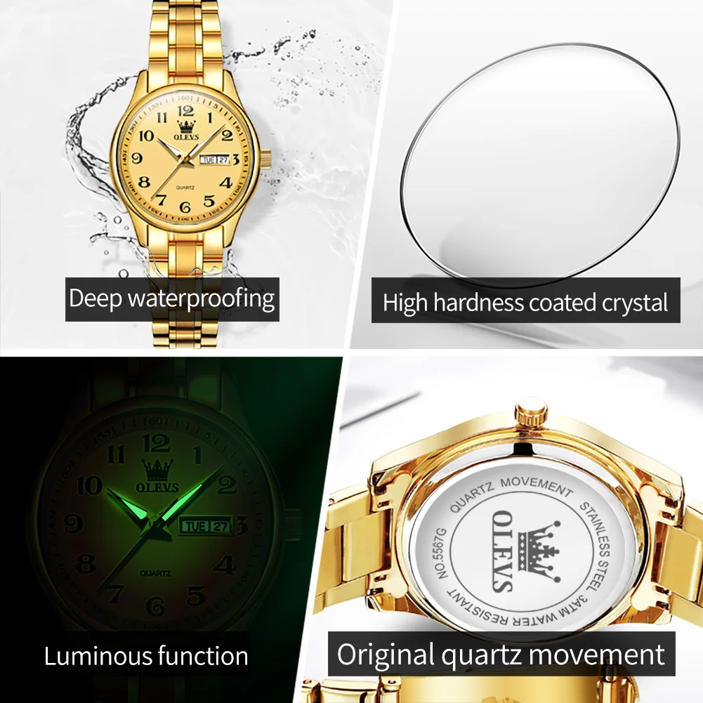 OLEVS Luxury Brand Original Women's Watches Digital Scale Quartz Watch Gold Stainless Steel Strap Waterproof Week Calendar Watch