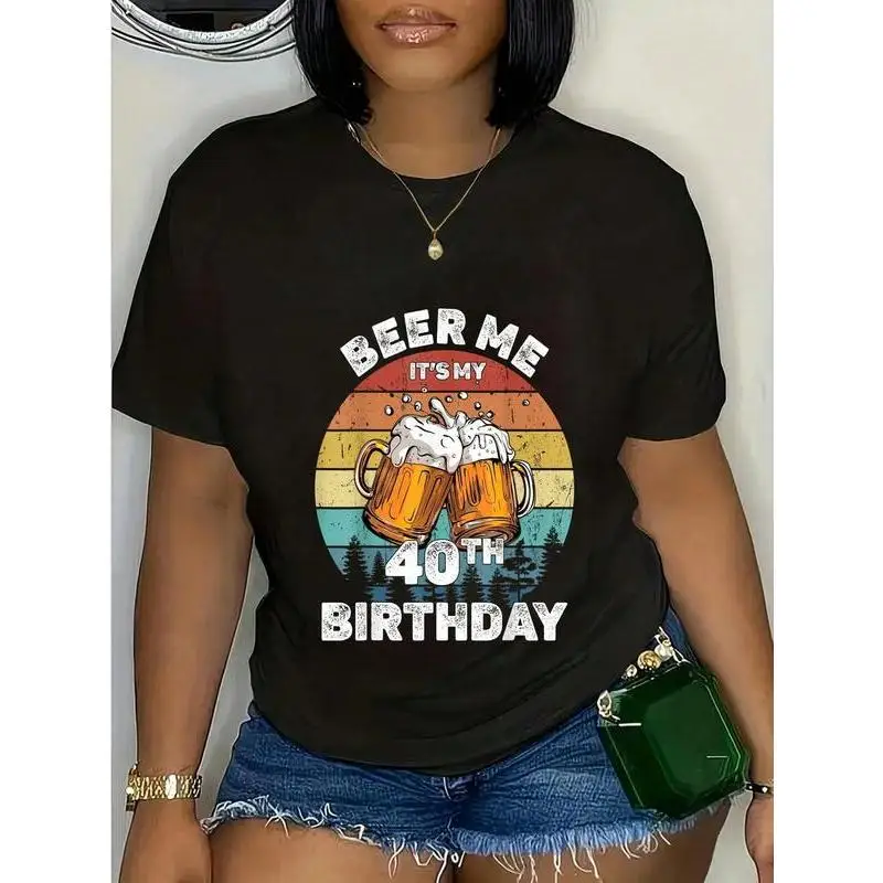 

Women's "Beer Me It's My 40th Birthday" T-Shirt, Funny 40th B-day Party Gift Tee, Vintage Oversized Summer Top