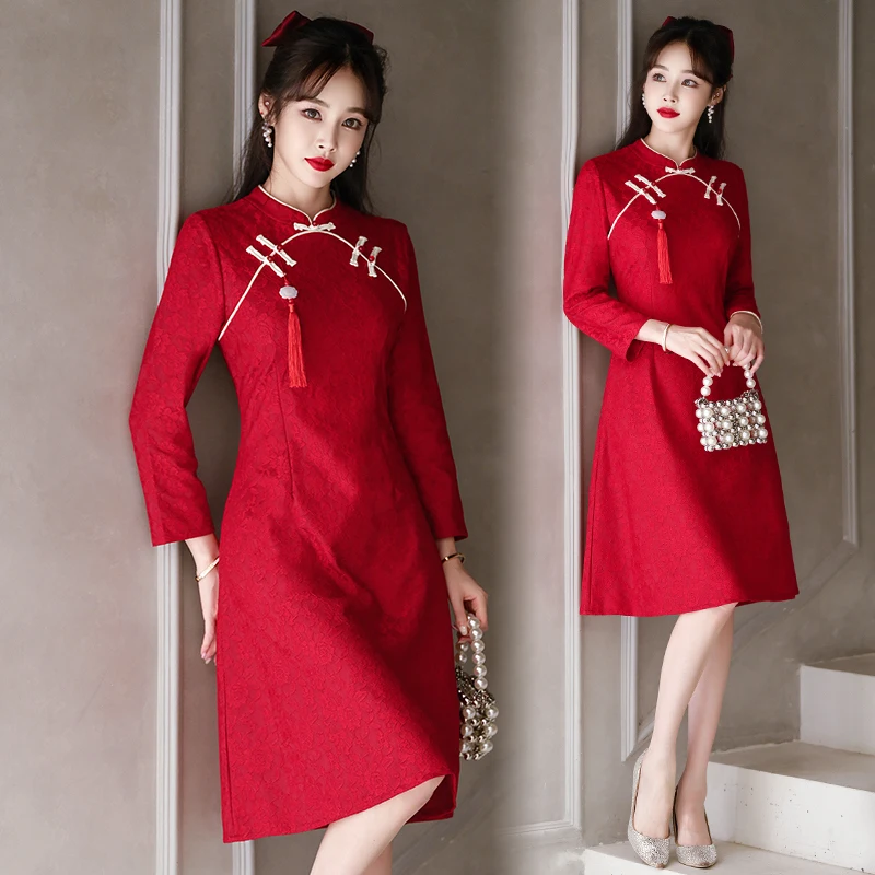 Stage Performance Improved Modern Red Cheongsam Retro Long Sleeve Chinese Traditional Qipao Party Dress CNY