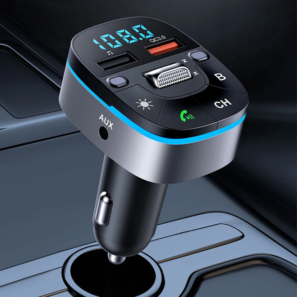 

1PCS T75 Fast Car charger FM Transmitter Wireless 5.0 Bluetooth Hands free MP3 Player QC3.0 USB LED Light