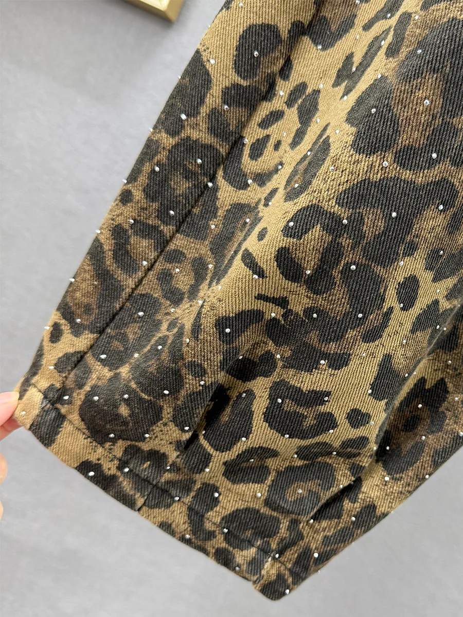 Vintage Fashion Leopard Print Jeans Women's High-waisted Jeans Loose European Goods Hot Diamond Pants Autumn and Winter 2024