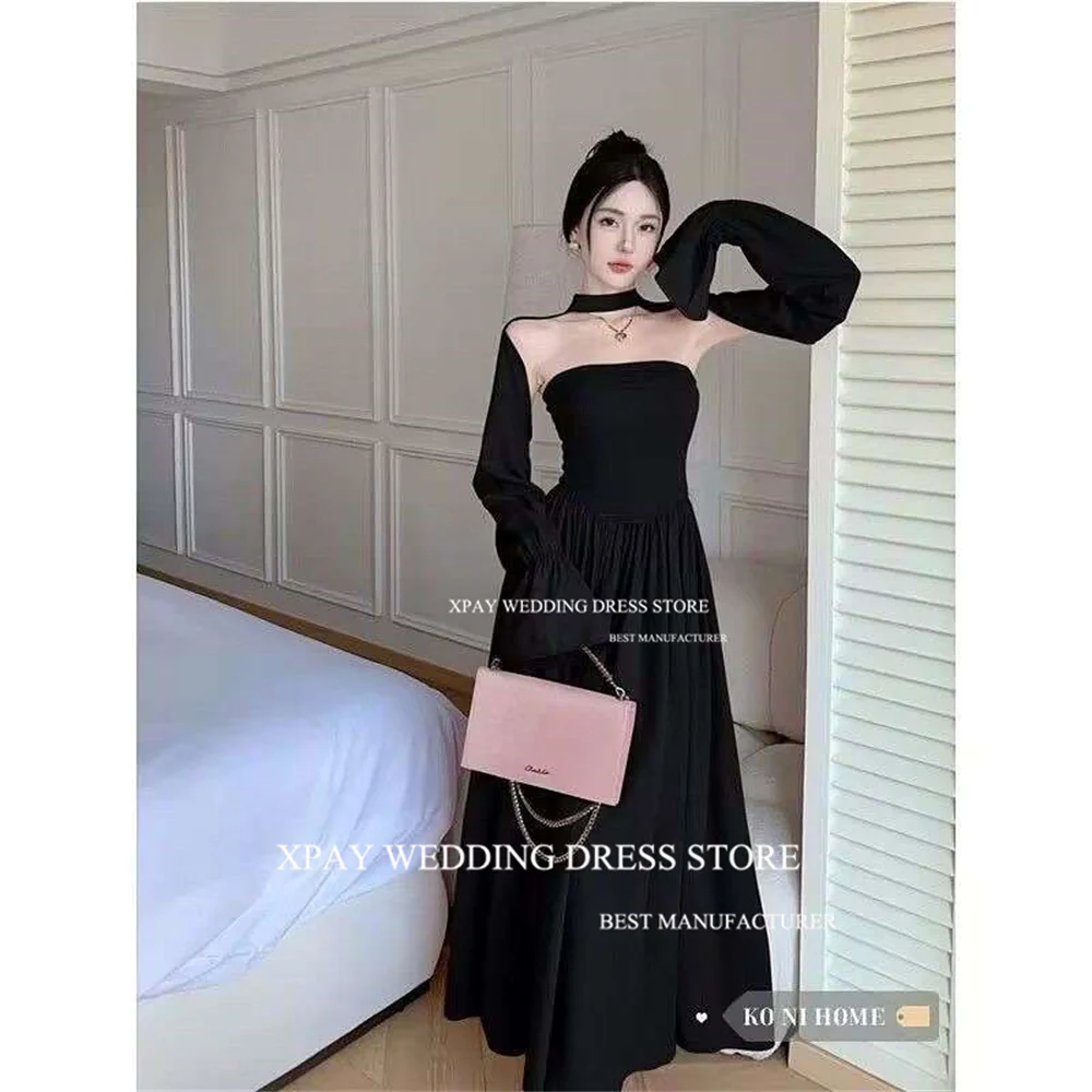 XPAY 2Pcs Strapless Black Korea Evening Dresses With Long Sleeves Cape Coat Wedding Photo Shoot Sexy Pleat Formal Occasion Dress