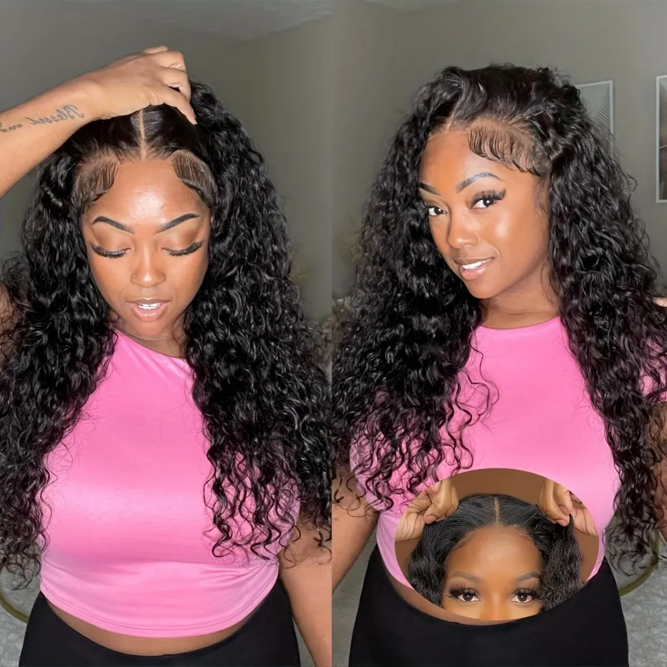 Curly 4x4 5x5 Glueless Lace Front Wig With Drawstring Wear&Go 250 Density Natural Black Deep Wave Pre Cut Brazilian HD Lace Wigs Water Wave Human Hair Wigs - view 2