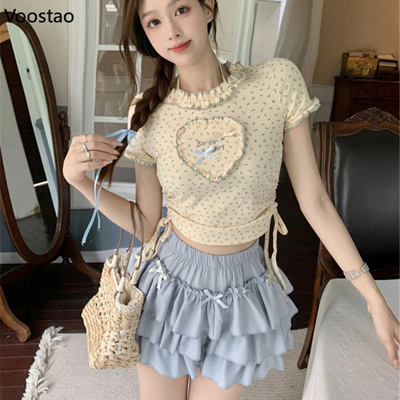 Kawaii Sweet Lolita Style Skirt Sets Women Floral Print Ruffles Hearts Blouse Tops Bow Mini Skirt Suit Japanese Two Piece Set