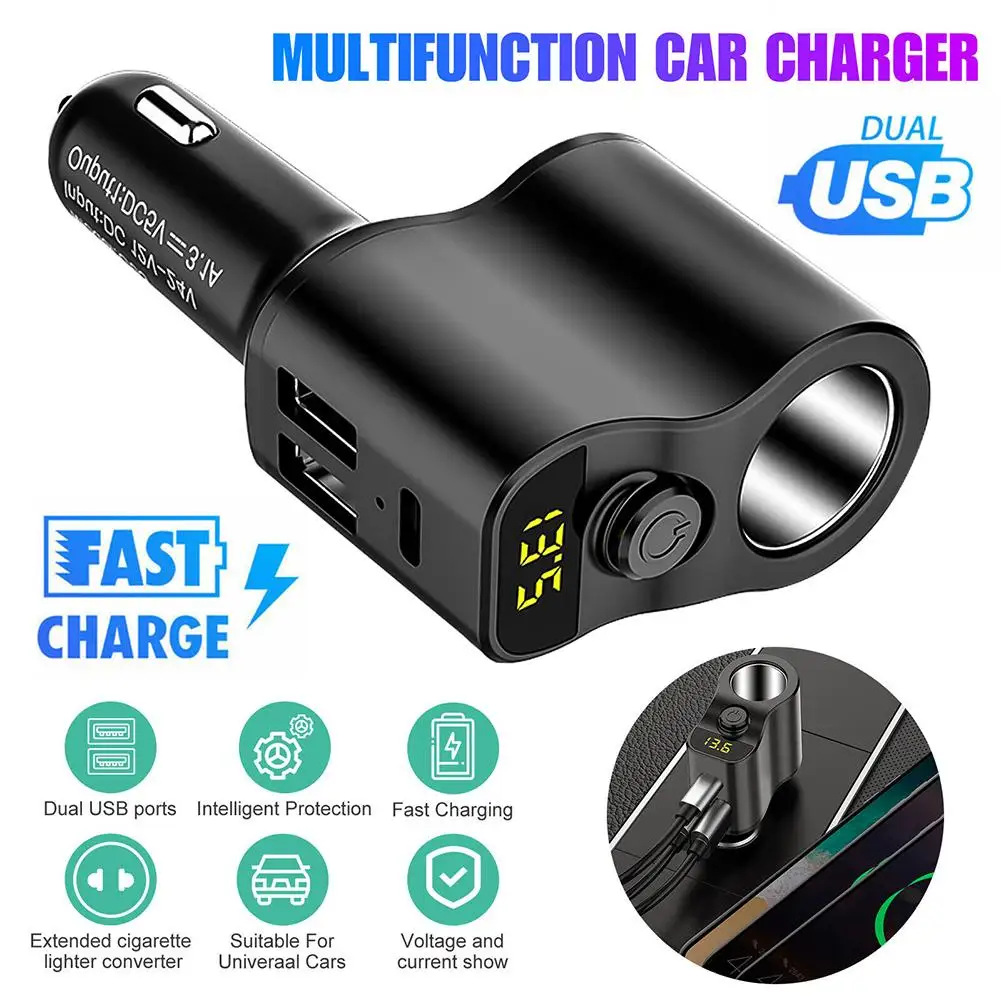 

2023 Car Charger Adapter 2 USB 1PD Ports Voltage Meter 12V/24V Extension Cigarette Lighter Adapter Socket Car Cigarette Lighter