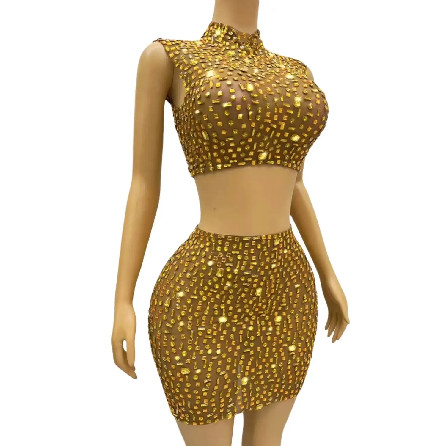 Hot Sales Gold Rhinestone Short Skirt Outfit See Through Sequin Lady Clothing Two Piece Short Sets Sexy Club Diamond Party Dress