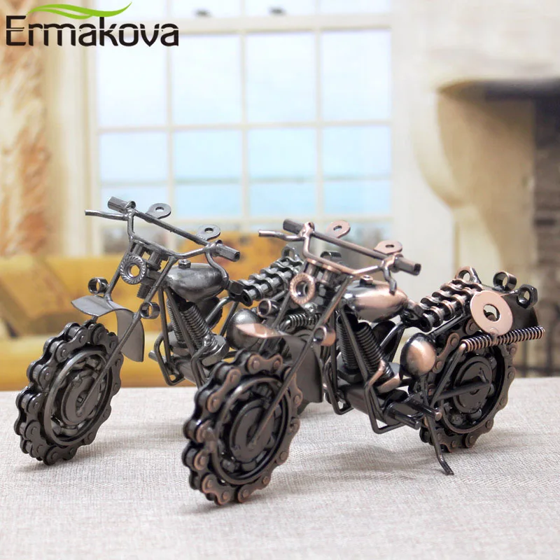 ERMAKOVA 21cm Vintage Motorcycle Model Retro Motor Figurine Iron Motorbike Prop Handmade Boy Gift Kid Toy Home Office Decor