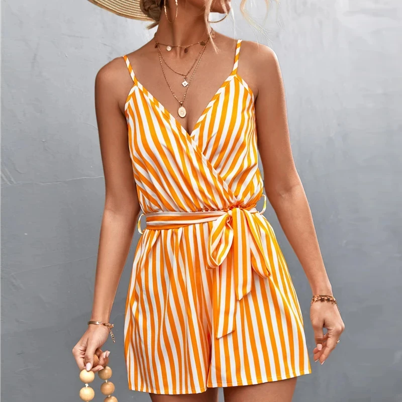 Sleeveless Summer Sexy Striped Jumpsuit Casual Lace-up Women Dress V-neck Suspender Women Fashion Backless Yellow Vestidos