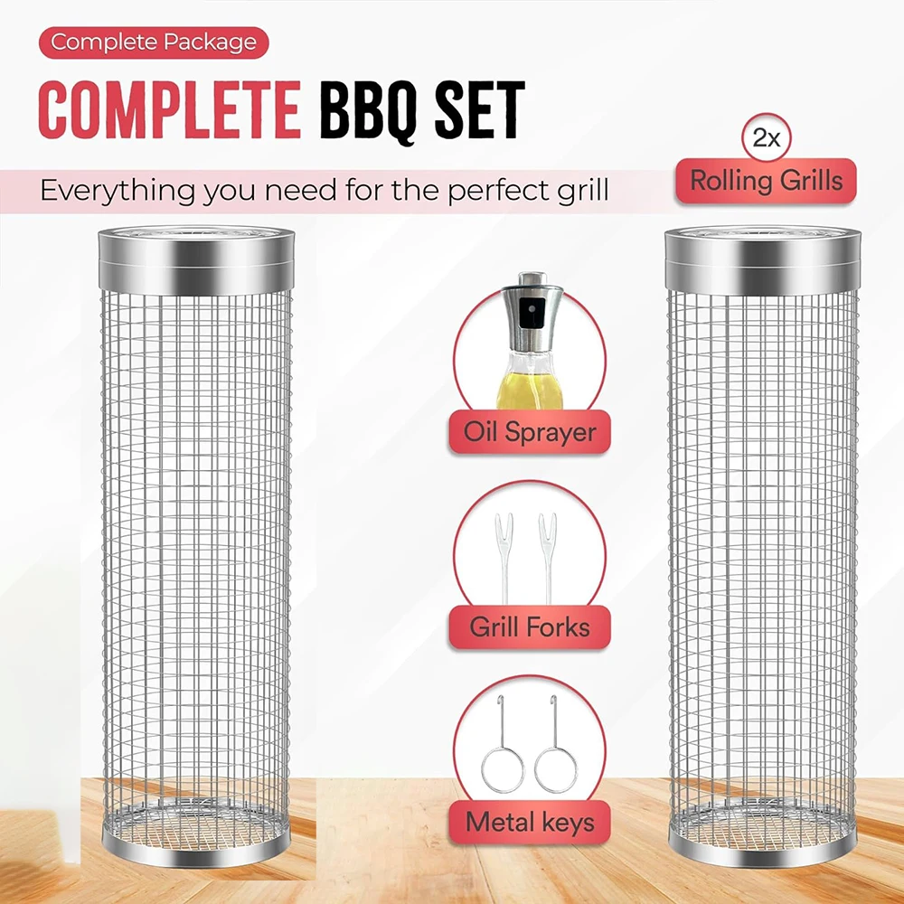 Round Grilling BBQ Basket Stainless Steel Rolling Grilling Basket Wire Mesh Cylinder Grill Basket Portable Outdoor Camping Barbe