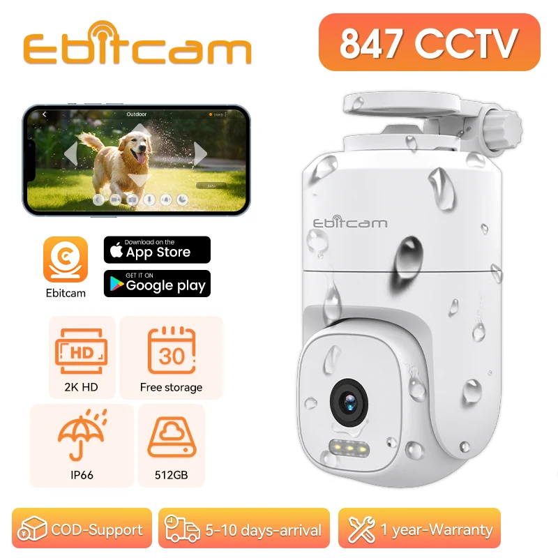 Ebitcam 방수 야외 카메라, IP66, 2K HD 와이파이 카메라, 양방향 통화, 컬러 나이트 비전, 8 배 줌, 360 ° Ptz 번역 및 틸트 