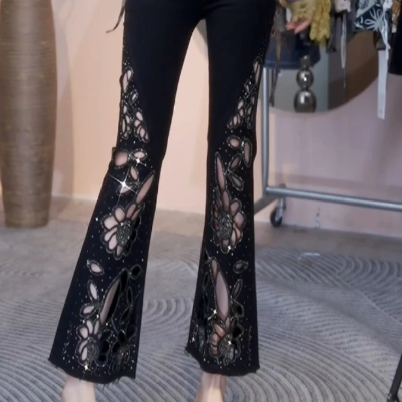 Women New Comfortable Design Sense Solid Color High Waist Draped Straight Thin Trousers Summer Skeleton Embroidery Denim Slim