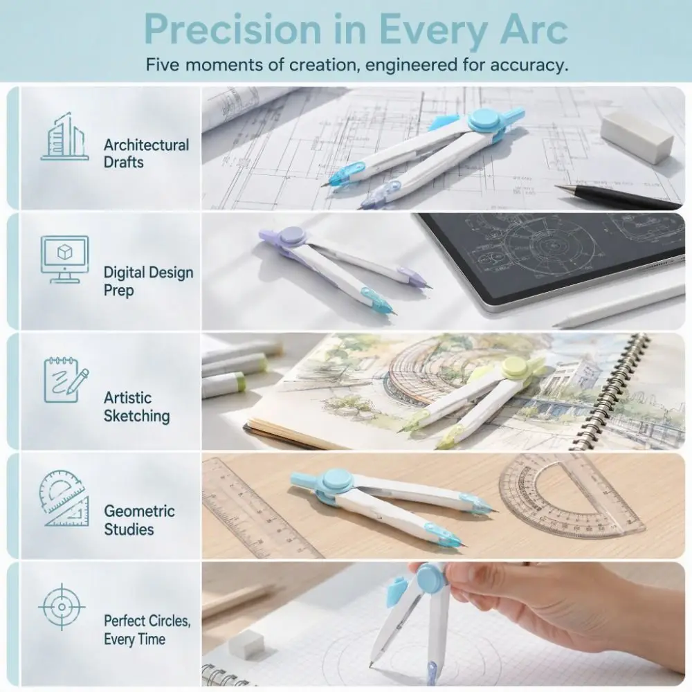 Portable Drawing Compass Precise Safe Geometry Compass Adjustable Locking 2B Lead Circle Drawing Gauge Learning Art Supplies