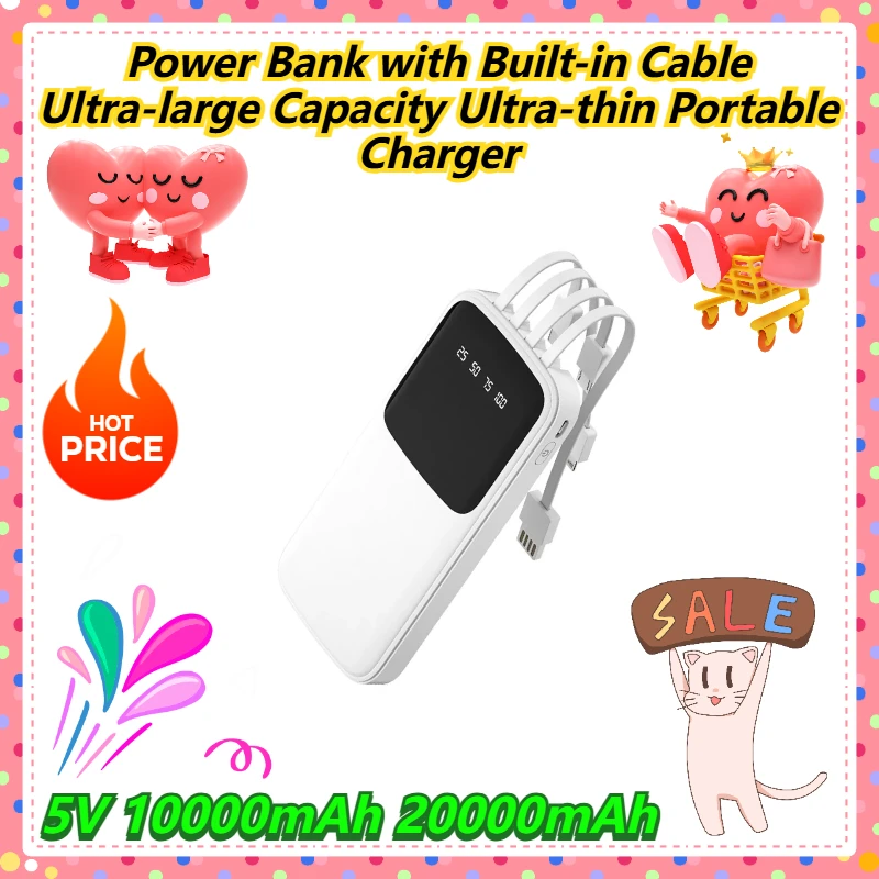 

Power Bank with Built-in Cable Ultra-large Capacity Ultra-thin Portable Charger 5V 10000mAh 20000mAh