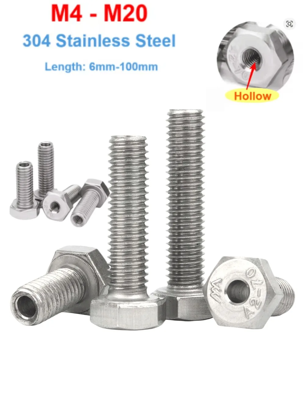 304 SS Outer Hex Hollow Through‑Hole Screw M4‑M20, Mask Machine Hollow Bolt, Rust‑Resistant Hardware for Equipment Installation